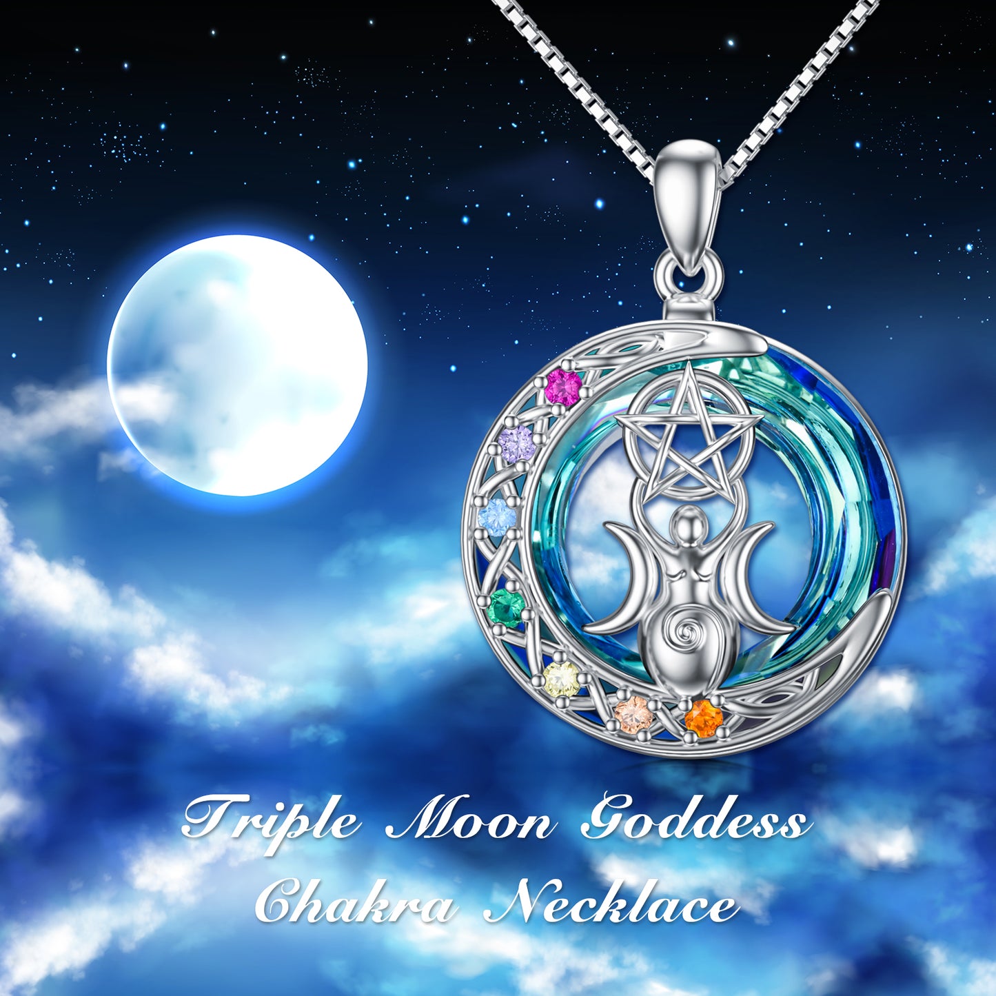 Collier en cristal de déesse triple lune Chakra en argent sterling plaqué or blanc