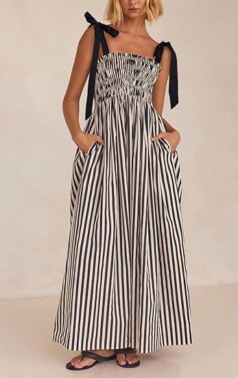 Spring And Summer Striped Printed Rubber Band Large Swing Pocket Sling Dress