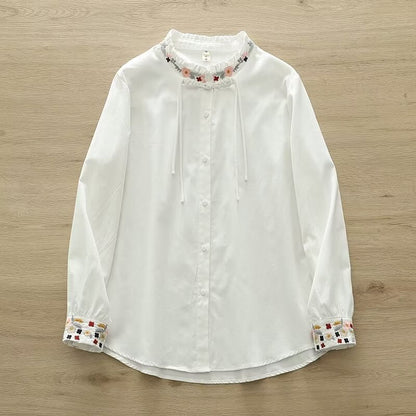 Chemise chinoise à manches longues avec boutons brodés de style ethnique