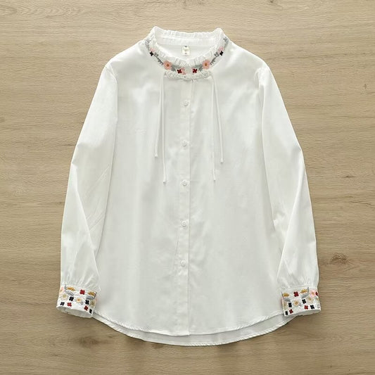 Chemise chinoise à manches longues avec boutons brodés de style ethnique