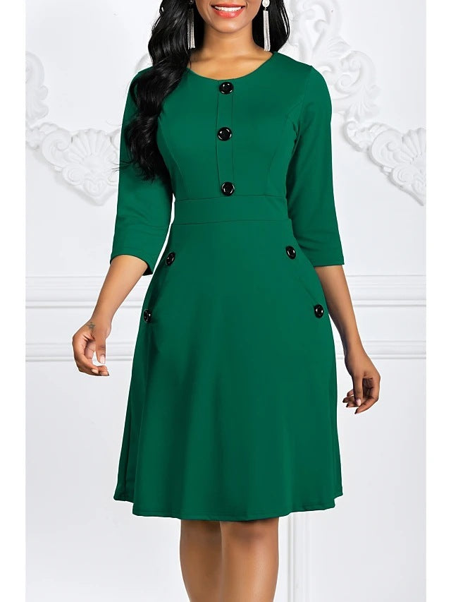 Robe de couleur unie pour femmes européennes et américaines automne et hiver col rond manches 34 bouton taille serrée