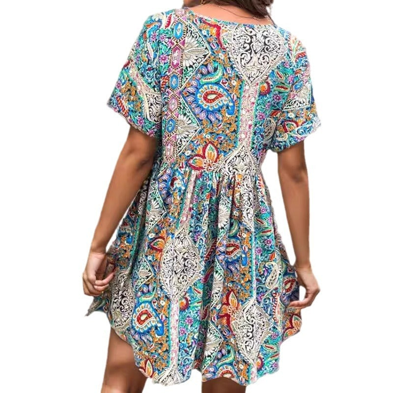 V-neck Loose Printed Pleated Dress