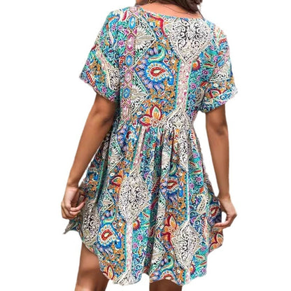 Robe ample plissée imprimée à col en V