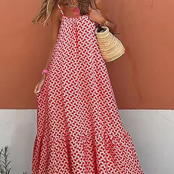 European And American Bohemian Vacation Style Wooden Ear Girl Print V-neck Brace Loose Long Dress