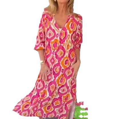 Loose V-neck Floral Print Mid-length Sleeves Long Dress Women