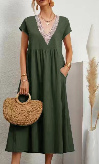 European And American Solid Color Lace V-neck Sleeveless Loose Cotton And Linen Pocket Dress