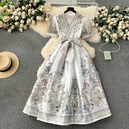 Vintage Printed Lace Up Waist-tight Long French Puff Sleeve Temperament Dress