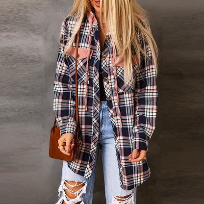 Plaid Hooded Shirt Women's Versatile Contrast Color Cardigan Jacket