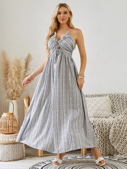 Robe longue bohème à licou - Robe de plage fluide sans manches à rayures pour femme