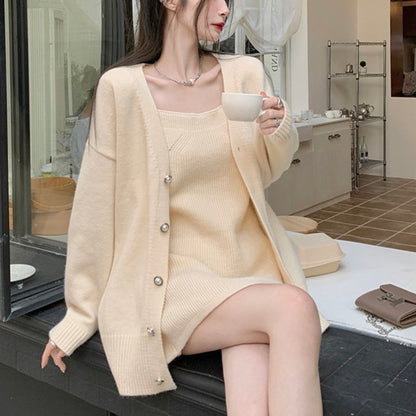 All-match Sweater With Suspenders Dress Knit Two-piece Suit