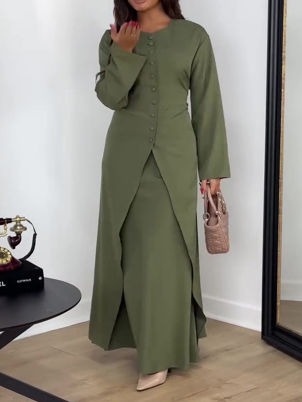 Solid Color Long Sleeve Top & Skirt Set