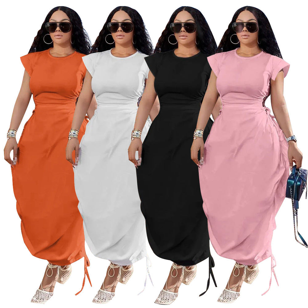 Women's Clothing Round Neck Waist Trimming Bud Skirt Solid Color Dress