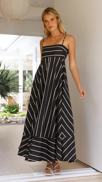 Cross Border Print Sweet Spaghetti-strap Elastic Back Long Dress