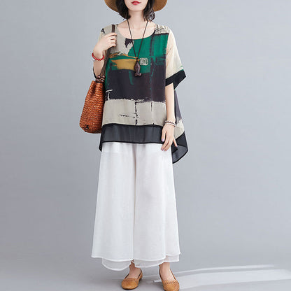 Loose Fashion Suit Mother's Chiffon Shirt Cropped Wide-legged Culottes Two-piece Set