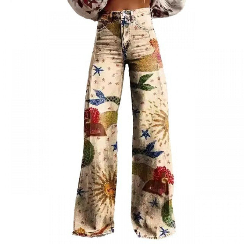 Fashion Women's Printed High Waist Loose Thin Imitation Denim Wide Leg Pants