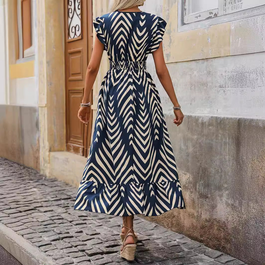 Elegant Style Printed Short Sleeve Dress Lace-up Long Hem