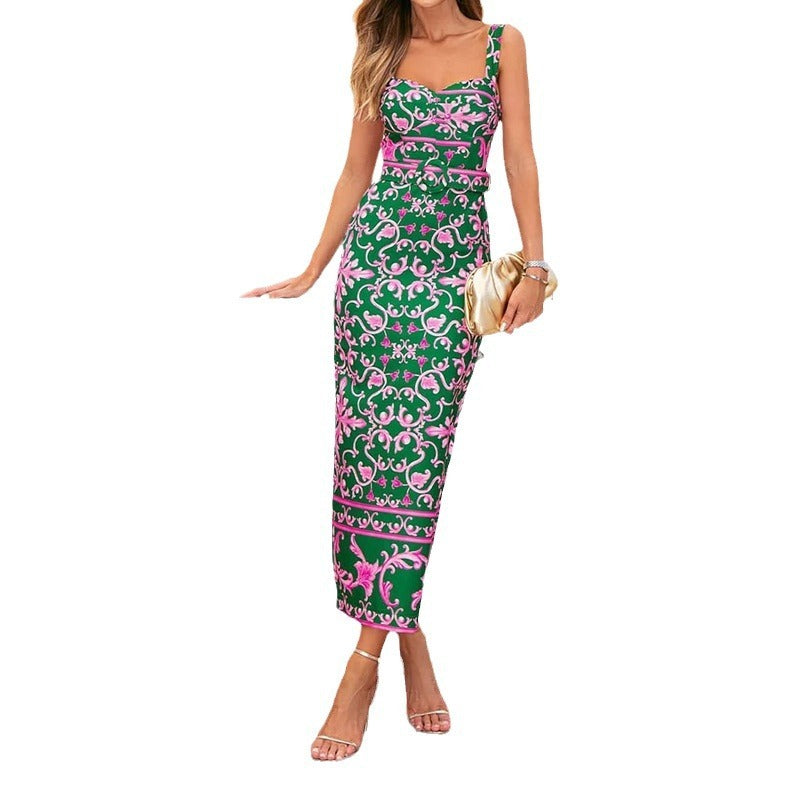 US Lady Sexy Belt Spaghetti-strap Floral Print Dress