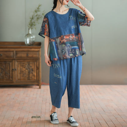 Loose Plus Size Stitching Printing Denim Suit Summer Thin Women's Casual Suit Two Fashion Sets