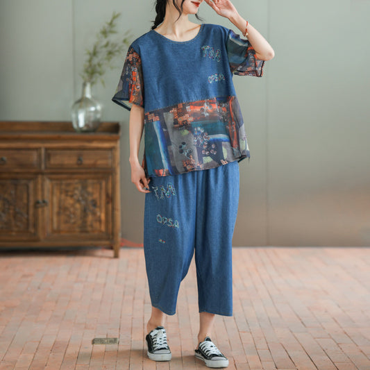 Loose Plus Size Stitching Printing Denim Suit Summer Thin Women's Casual Suit Two Fashion Sets