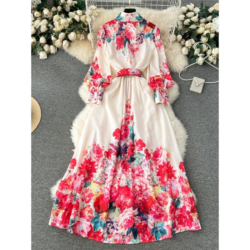 Women's Spring And Autumn New High-grade Stand Collar Lantern Long Sleeve Waist-tight Printed Dress