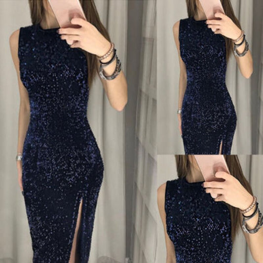 Vestido de mujer con falda irregular y abertura con lentejuelas