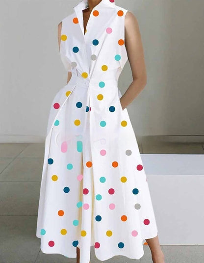 Stand-up Collar Cinched Pocket Printing Mid-length Temperament Dress