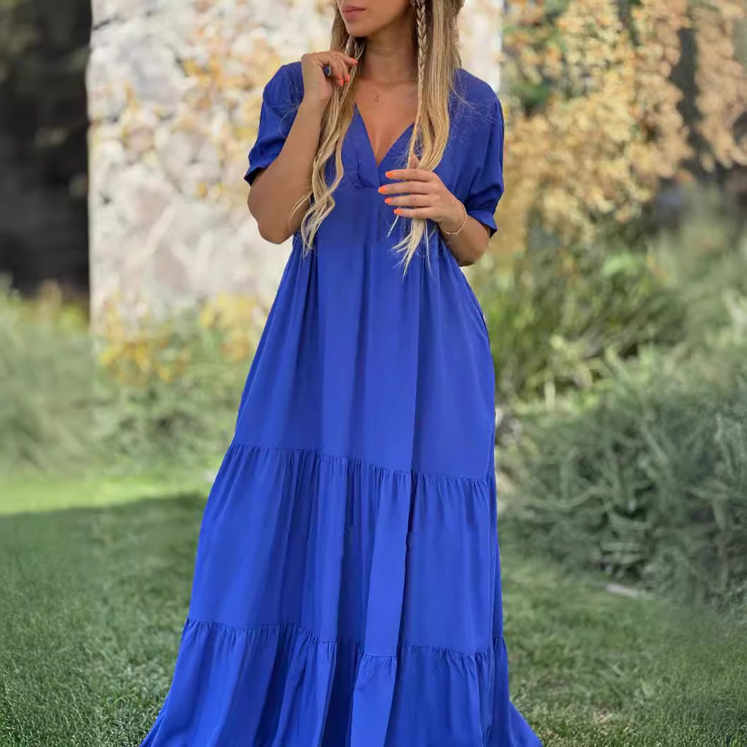 Robe longue décontractée à col en V pour femme