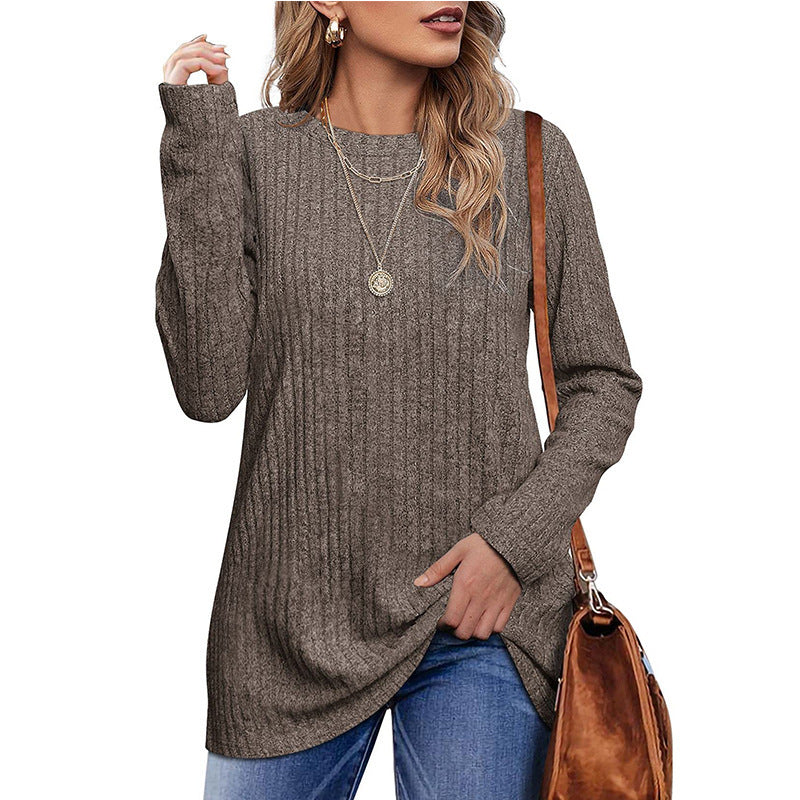 New Autumn And Winter Round Neck Brushed Sunken Stripe Solid Color Top Long Sleeve Women's T-shirt