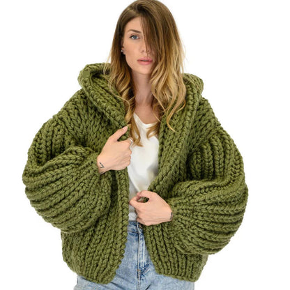 Cardigan ample et à capuche, manteau, aiguille à tricoter faite à la main, pull tricoté pour femmes