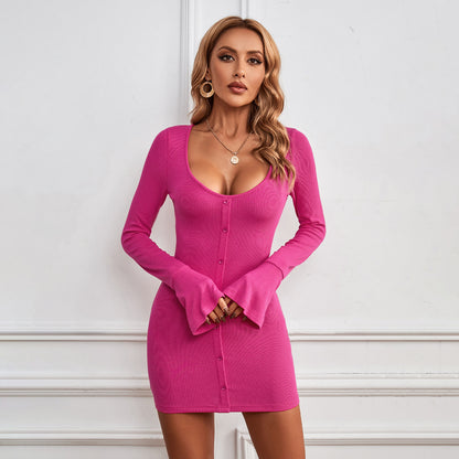 Robe à simple boutonnage à col en U et à manches longues, robe courte sexy et moulante aux hanches, vêtements pour femmes