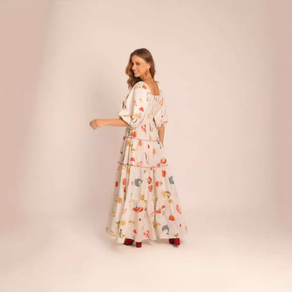 Puff Sleeve Printed Square Collar Swing Long Dress Beach Holiday Dress