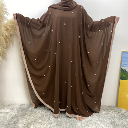 Middle East Turkey Fashion Chiffon Patchwork Elegant Loose Muslim Robe Bat Sleeve Dress