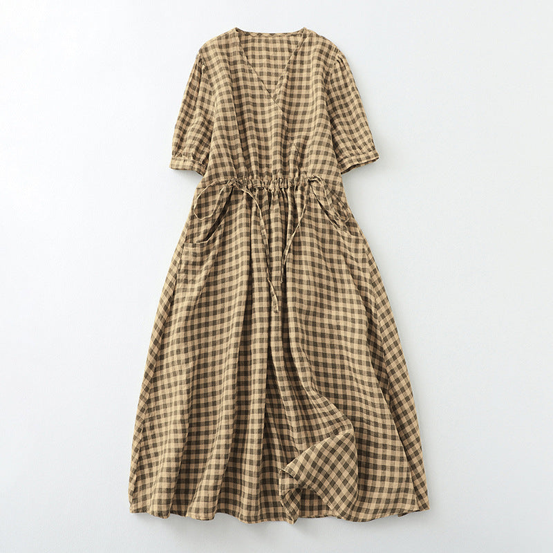 Robe à carreaux rétro élastique à manches courtes en coton et lin