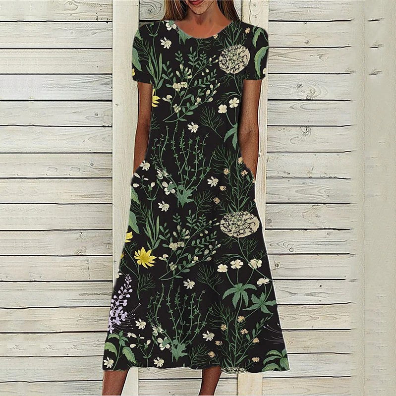 Printed Short Sleeve Pullover Round Neck Dress