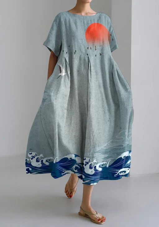 Robe imprimée 3D à col rond et manches courtes pour femmes, grande taille