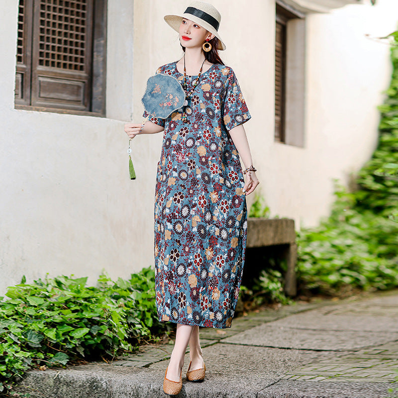 Vestido informal versátil de algodón y lino con estampado floral para mujer