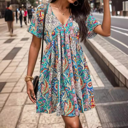 V-neck Loose Printed Pleated Dress