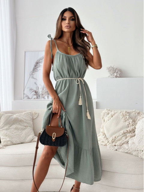 Women's Solid Color Striped Sleeveless Cotton Dress