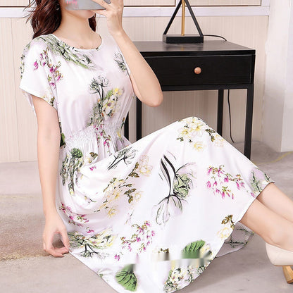 Floral Short Sleeve Dress Elastic And Waisted Slimming