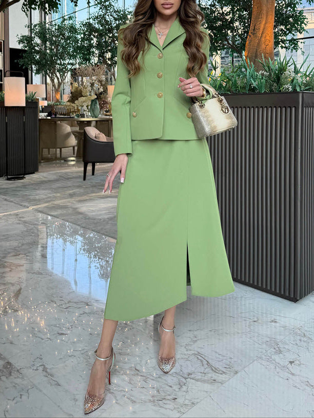 Solid Color Blazer & Slit Skirt Suit