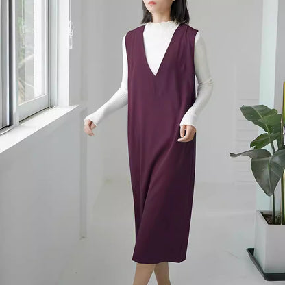 Robe longue sans manches à col en V et au-dessus du genou, couleur unie, automne et hiver