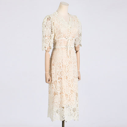 French Elegant Dress Women's New Lace Embroidered Short Sleeve Slim-fit High-end Socialite Dress