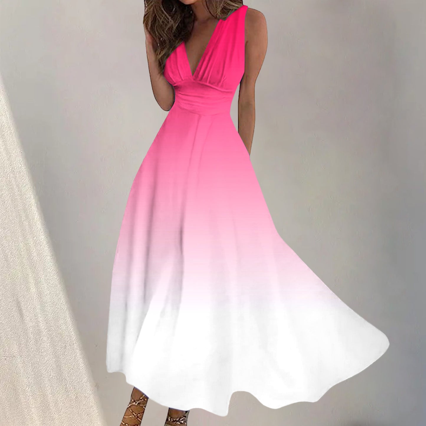 Robe longue trapèze à col en V avec impression numérique pour femme