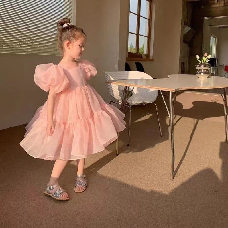 Vestido de malla con mangas abullonadas de princesa para niñas