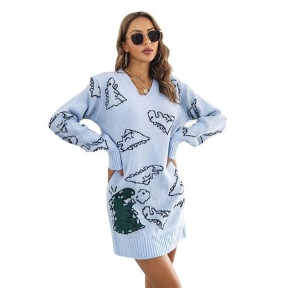 Robe pull à manches longues et col en V en jacquard avec dessin animé de dinosaure mignon pour femme, robe tricotée ample, automne et hiver