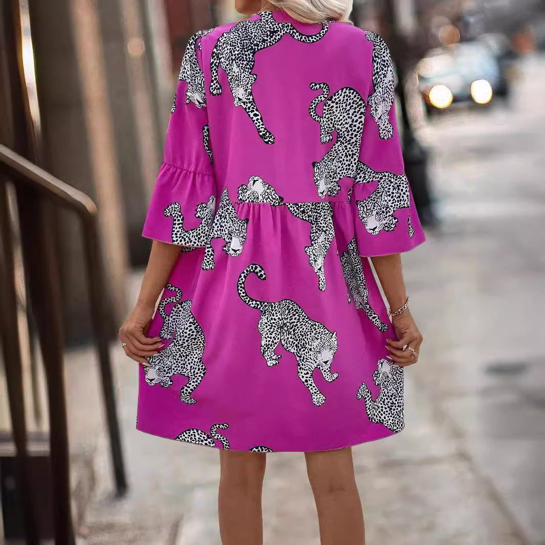 Elegant Women's Leopard Button Bell Sleeve Dress