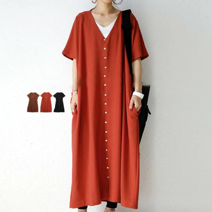 Japanese Summer Short Sleeve V-neck Shirt Dress