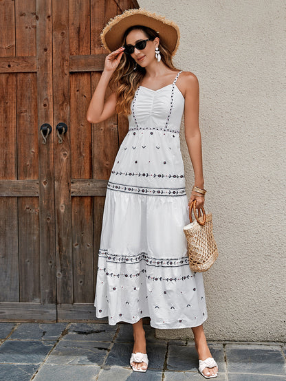 Vestido de verano bohemio para mujer: vestido largo de algodón con bordado, tejido ligero y transpirable y cintura elástica para vacaciones en la playa