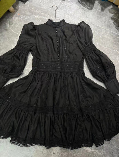 Robe courte à manches longues et col montant pour femme, style vintage français, nouvelle collection