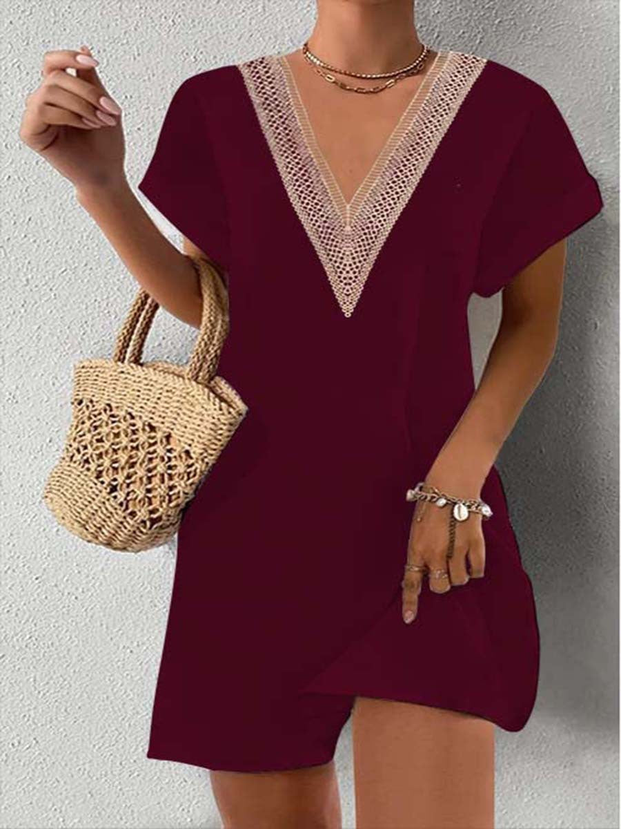 Women's Fashion Casual Lace V-neck Short Sleeve Dress